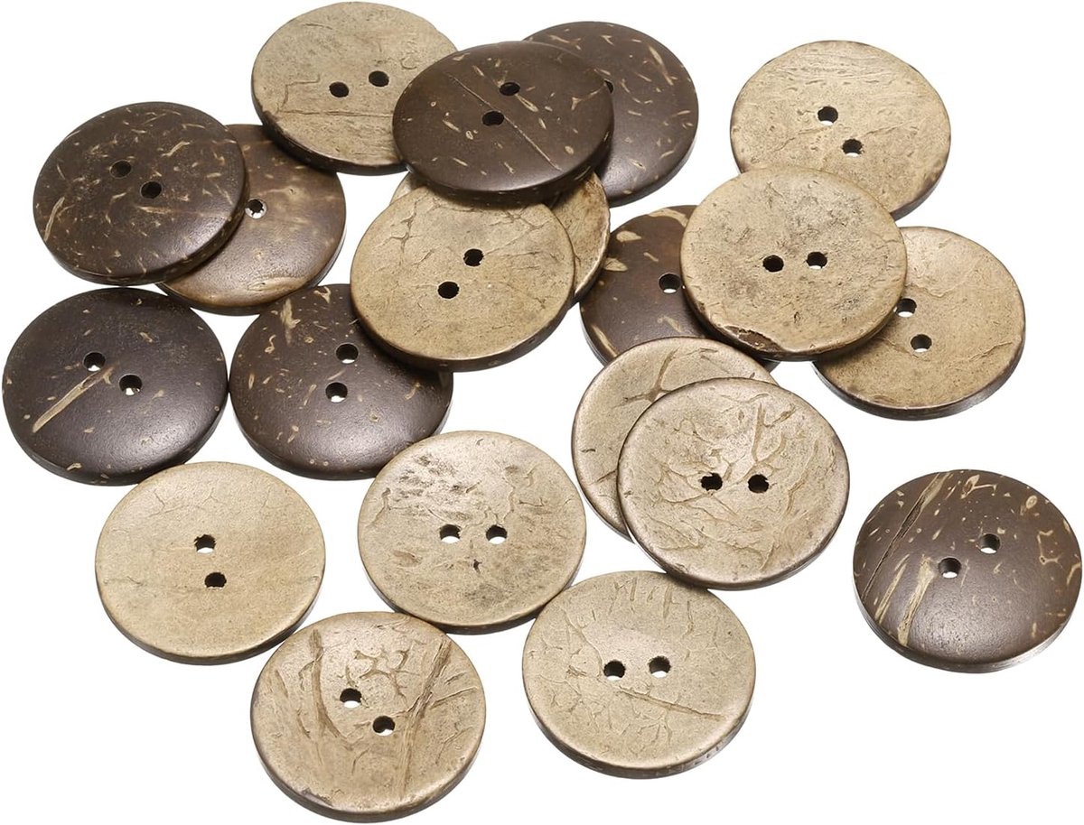 20 stuks kokosnootschalen knoppen 25 mm handgemaakte 2-gaats naaihandwerk vervangende ronde knopen voor kleding decoratie doe-het-zelf accessoires (bruin)
