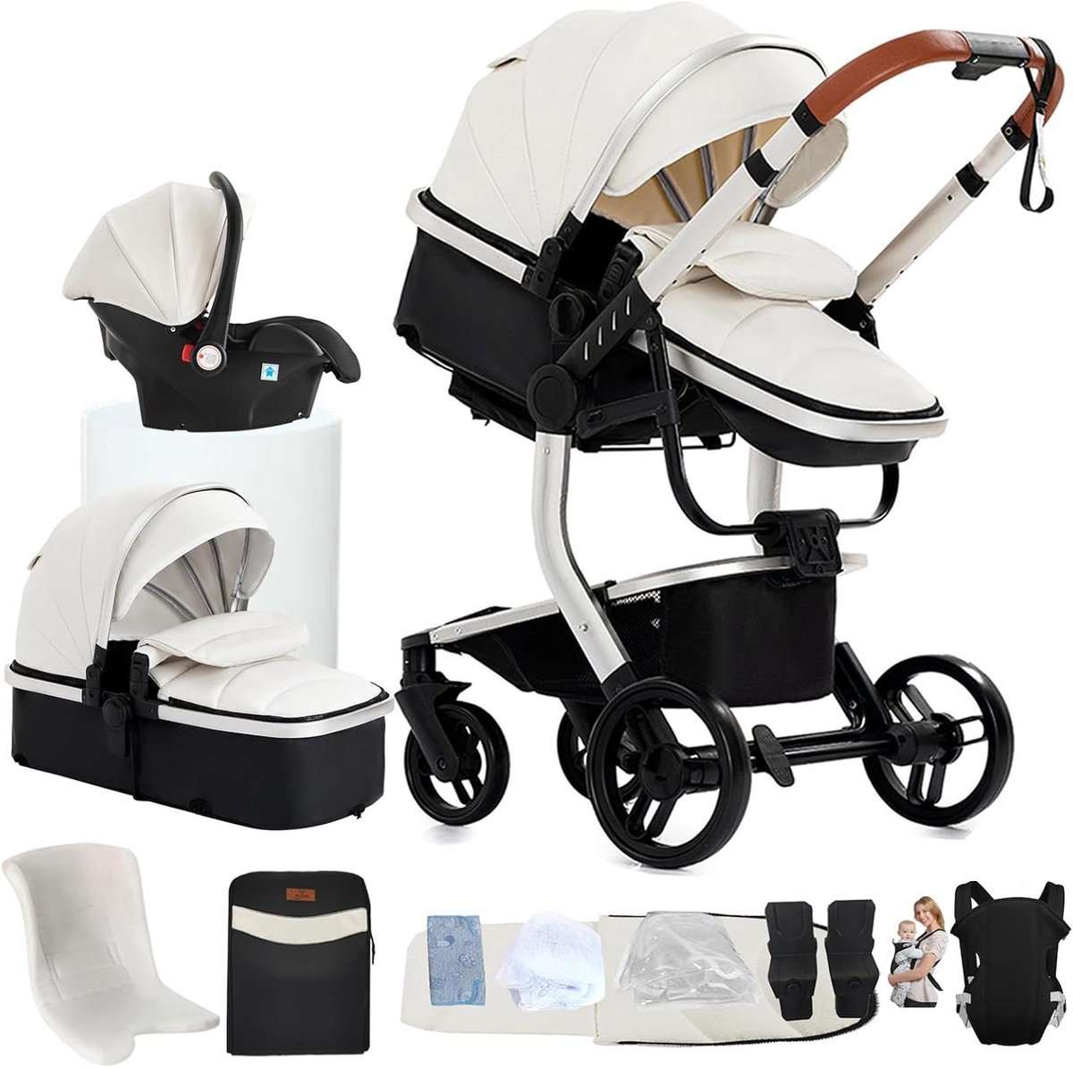 3-in-1 Babywagen - Kinderwagen Reiswieg - Baby Vervoeren - Omkeerbare Duwrichting - Gevouwen 41x30.5x52.5 cm - Wit