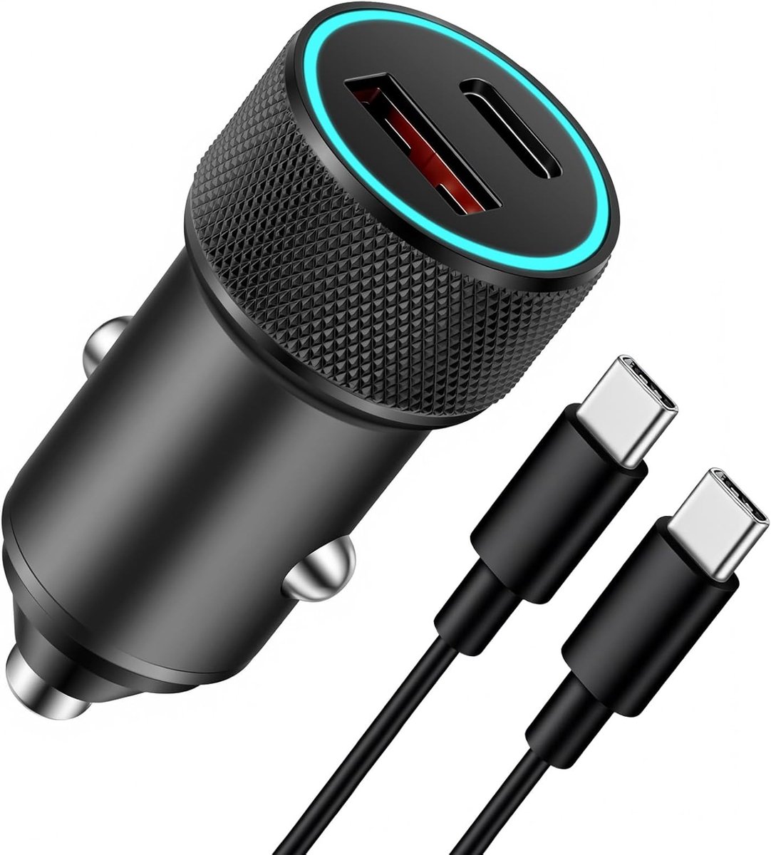 snellader voor in de auto, USB-oplader voor sigarettenaansteker, 2 poorten 12V USB-C, totaal 120W [USB-C 20W + USB-A 100W], voor iPhone 17/16/15/14/13/12-serie, Samsung Galaxy, iPad Pro, AirPods
