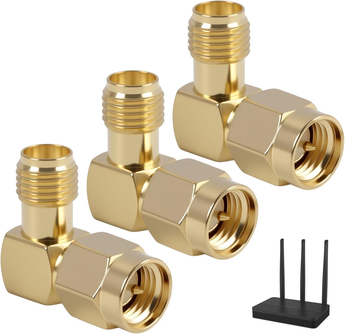 3 stuks 90 graden adapters, vergulde rechte mannelijke naar vrouwelijke connectoren, goud voor wifi-routers, antennes, FPV-drones, verlengkabels, quadcopters, RF-apparatuur