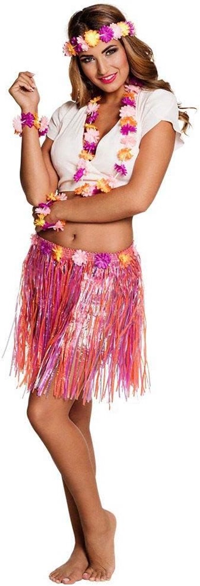 52430 - Kostuumset Kiki, hoofdband, Hawaiiketting, armbanden en rok, bloemrijk carnavalskostuum voor carnaval of themafeest, vrijgezellenfeest