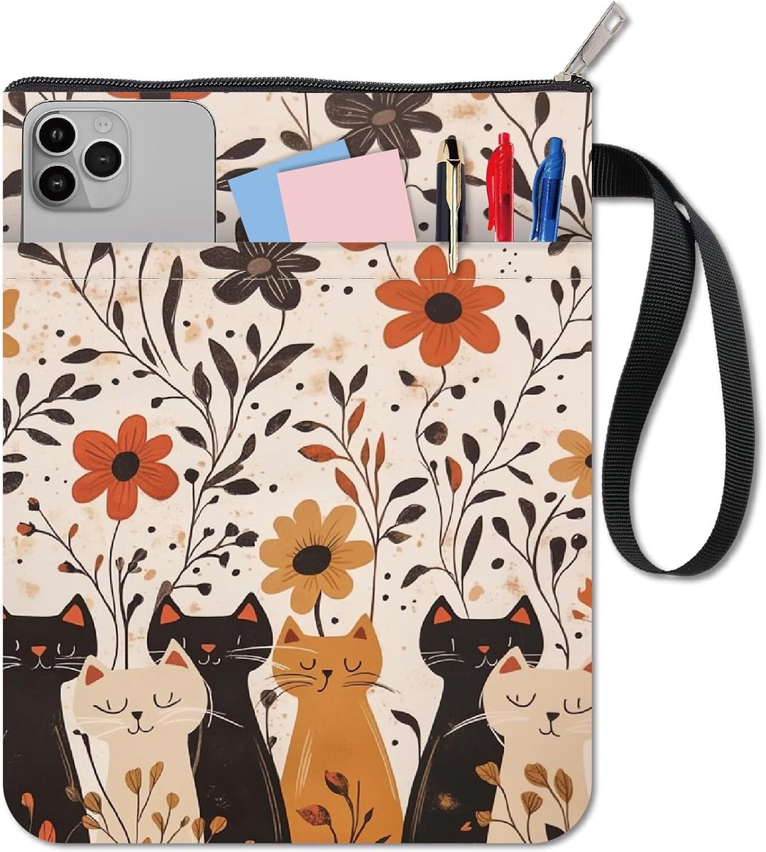 craspire Boekomslag met kattenmotief, bloemenpatroon, boekhoes, stof, wasbaar, waterdicht, bloemen, dierenpatroon, notitieboek, zakboek, beschermtas met ritssluiting en extra vak voor schoolboeken