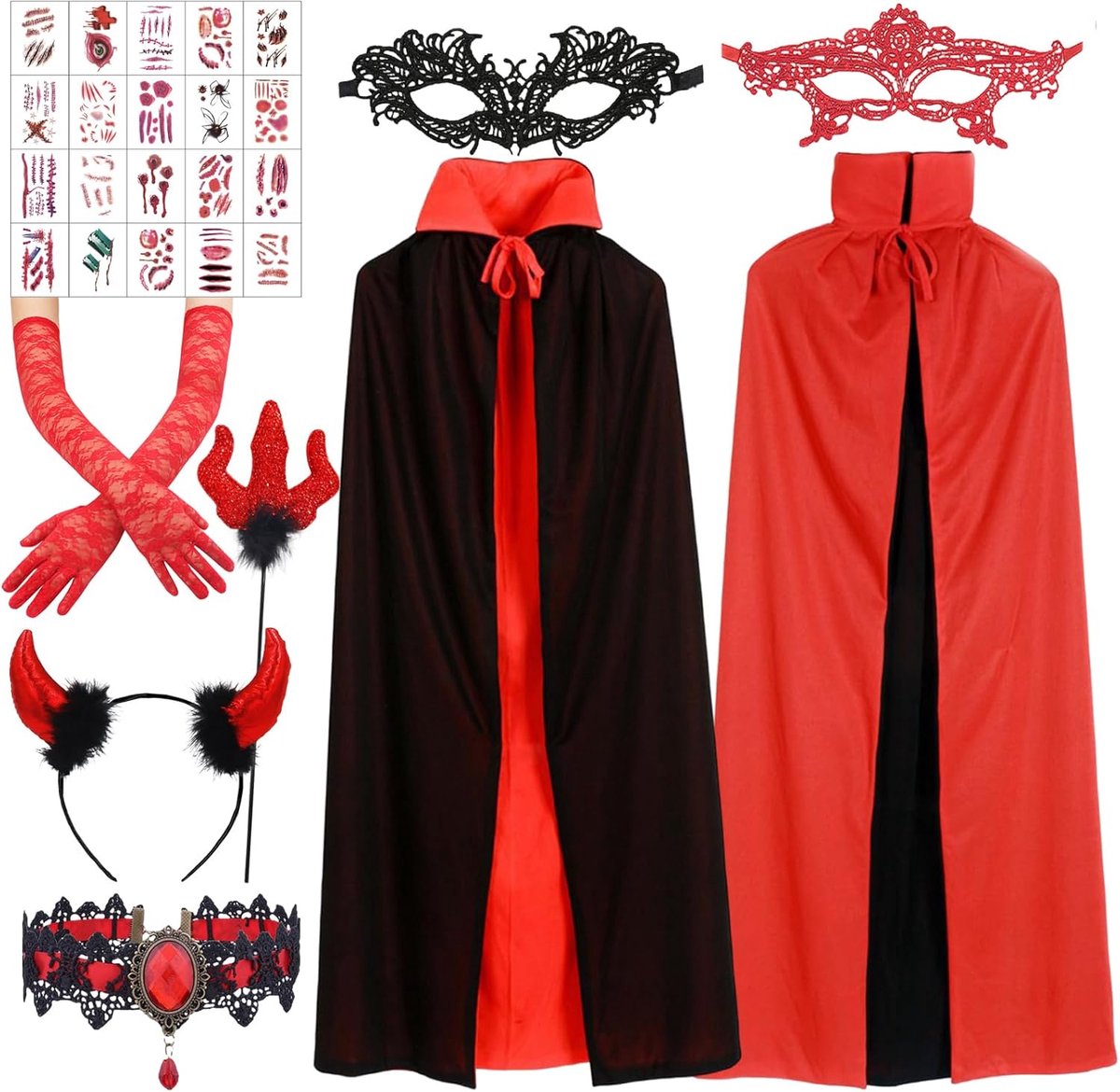 dames, Halloween kostuum dames duivel, Halloween vampier cape met duivelshoorns, duivelsvork, zwart rood, duivelskostuum voor Halloween carnaval themafeest cosplay