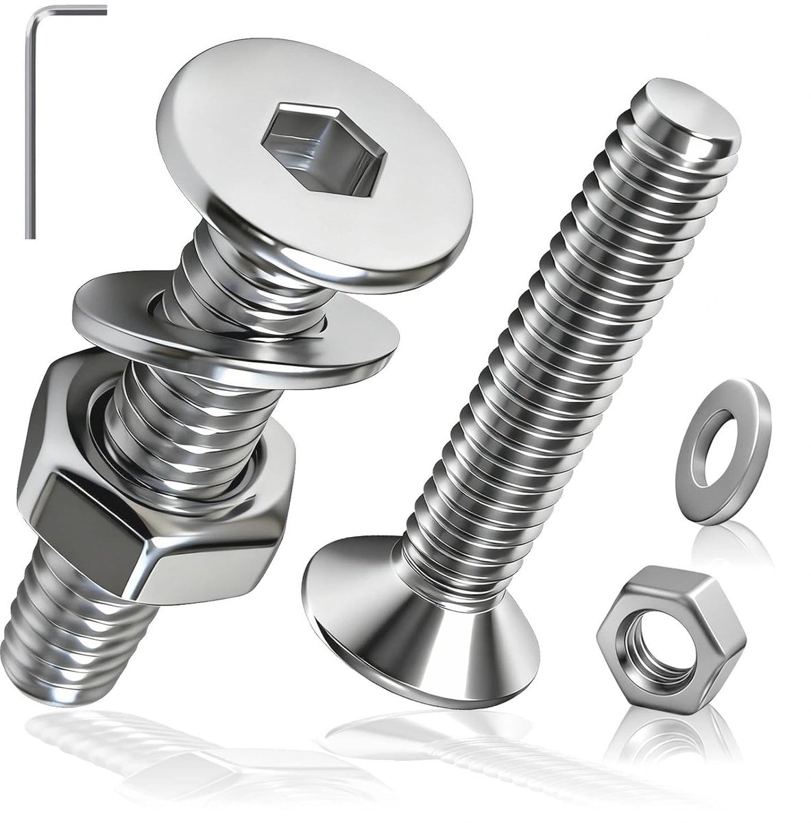 50 stuks M4 x 12 mm schroeven met verzonken kop met binnenzeskant DIN 7991, roestvrij staal, volledige schroefdraad, verzonken schroeven met moeren, sluitringen, binnenzeskantsleutel voor