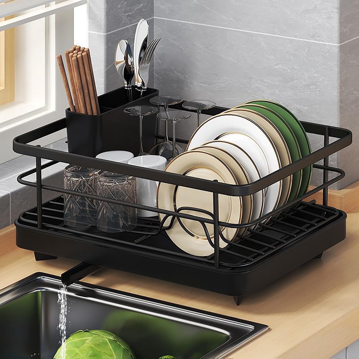Omgoods - Afwasrek voor Servies - Droogrek met Bestekhouder