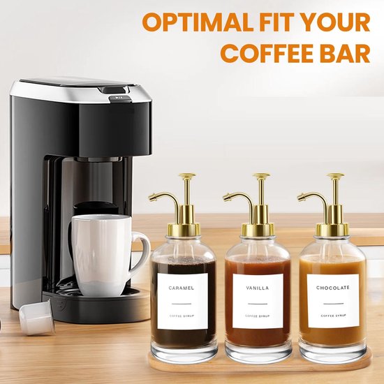 Omgoods- Siroopdispenser set van 3 - Glazen siroopfles 500 ml - Gouden pomp - Siliconen trechter - Waterdichte etiketten - Keukenaccessoires van voedselkwaliteit — afbeelding 3
