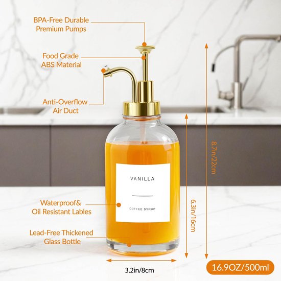 Omgoods- Siroopdispenser set van 3 - Glazen siroopfles 500 ml - Gouden pomp - Siliconen trechter - Waterdichte etiketten - Keukenaccessoires van voedselkwaliteit — afbeelding 4