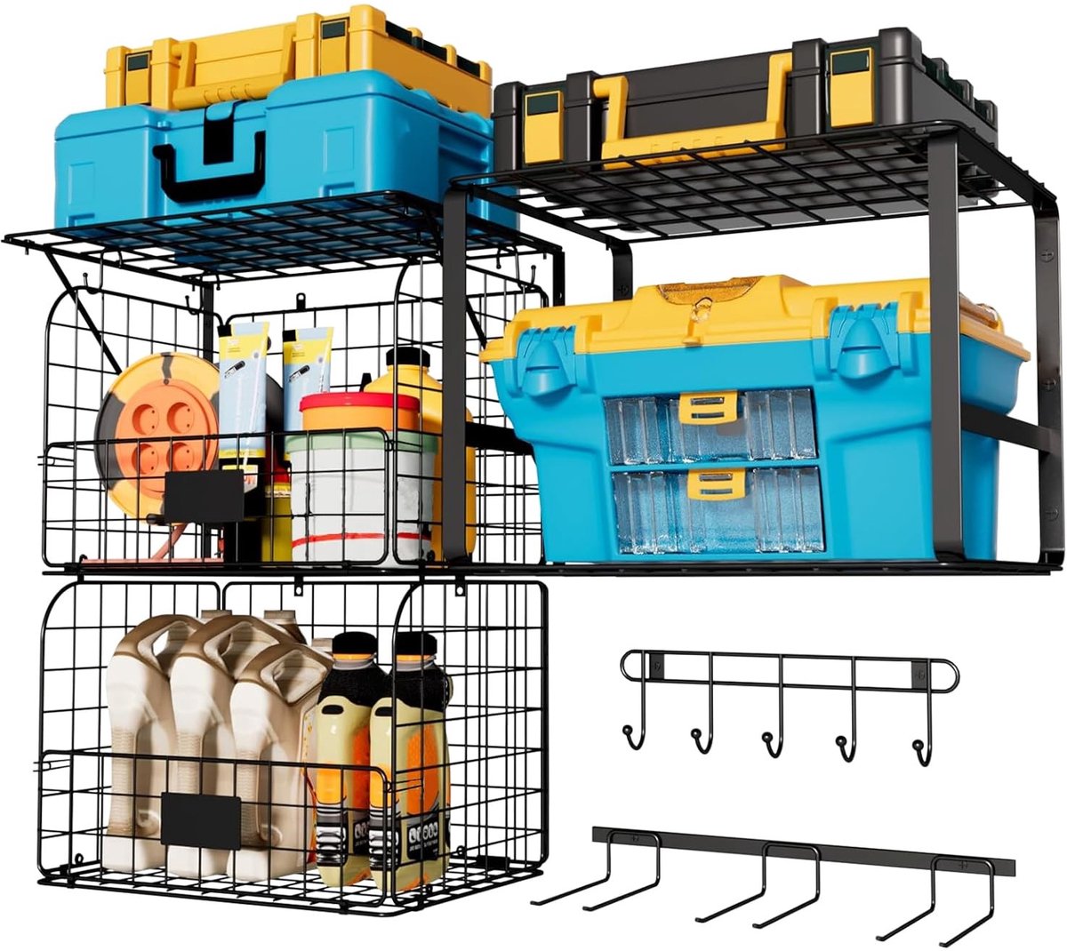 Omgoods - Wandgemonteerde Garage Planken met Draadmanden, Set van 3