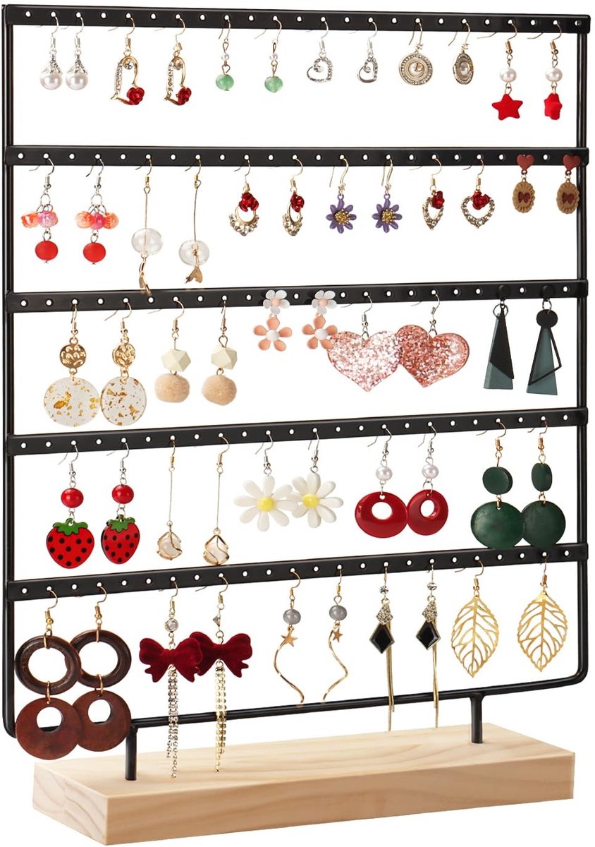Omgoods - 5-Laags Oorbelhouder met Houten Basis voor 120 Oorbellen
