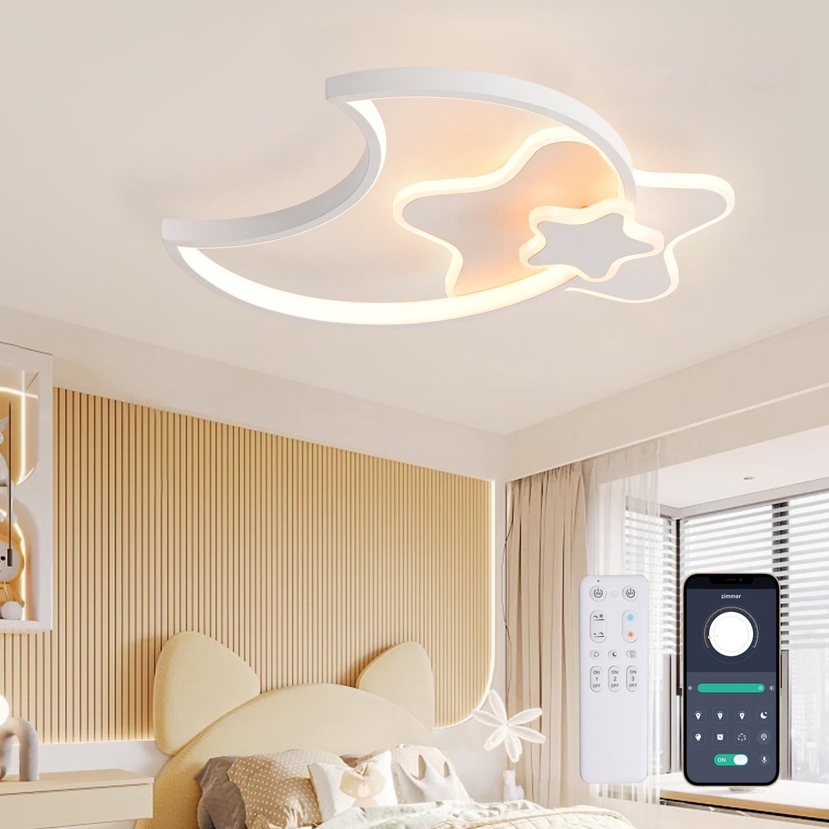 Omgoods - LED Kinderlamp Plafondlamp met Afstandsbediening, Maan en Ster Ontwerp