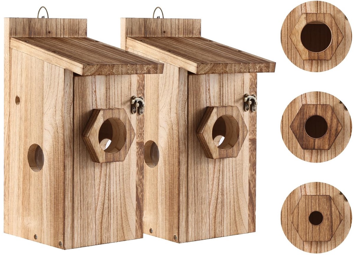 Omgoods- Nestkasten Set van 2 - Weerbestendig Vogelhuis - Houten Vogelhuisje - Eenvoudige Reiniging - Ventilatiegaten - Geschikt voor Blauwmees en Koolmees