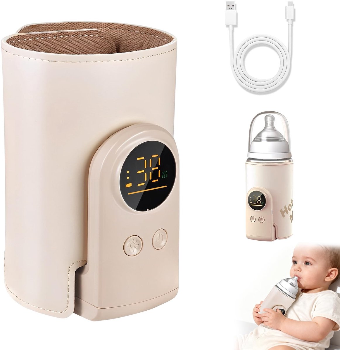 Omgoods - Draagbare Fleswarmer met USB, LED Display en 6 Temperatuurniveaus