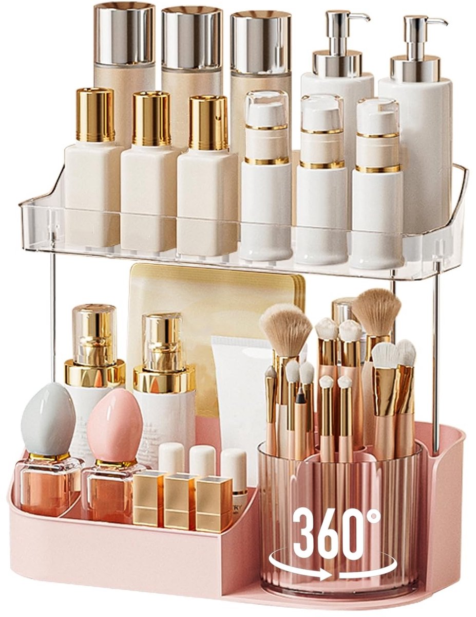 Omgoods - Makeup Organizer met Grote Capaciteit en 360° Draaiende Borstelhouder (Roze)