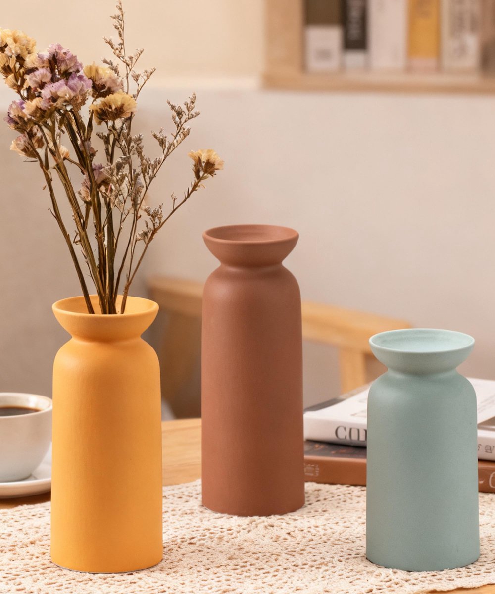 Omgoods - Set van 3 Keramische Vazen in Donkerbruin, Geel en Groen voor Minimalistische Decoratie