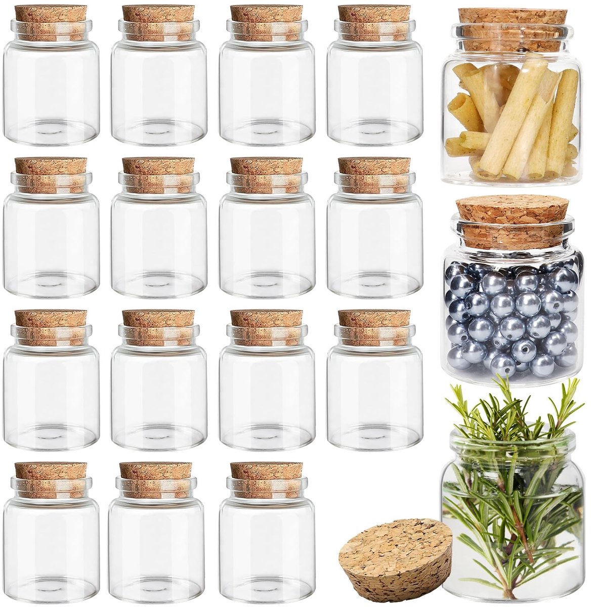 Omgoods - 15 Stuks Kleine Glazen Flessen met Kurk - 50ml Mini Opslag