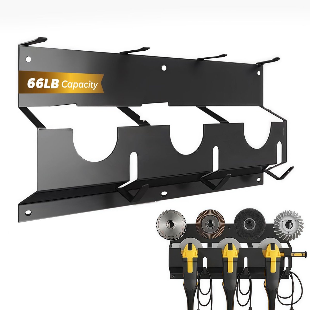 Omgoods- Haakse Slijperhouder Met Koordhanger - Metalen Wandhouder - Geschikt Voor Bosch/Makita/Einhell - Capaciteit Voor Drie Slijpers - Voldoende Opbergruimte - Inclusief Draadhaken - Gereedschaphouder