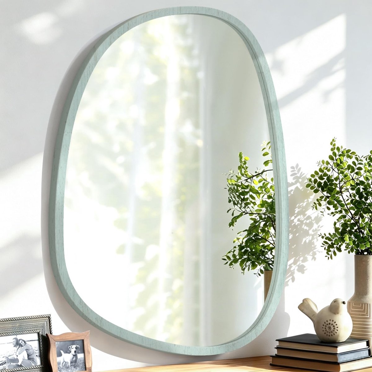 Omgoods - Grote Ovale Wandspiegel met Houten Frame Groen