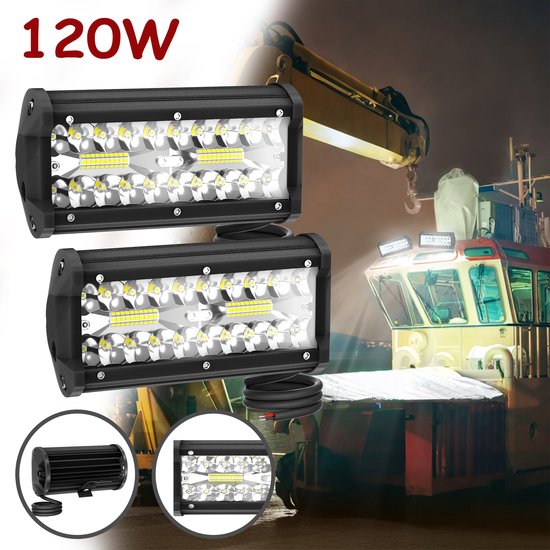Twee zwarte 120W LED-lichtbalken, koud licht, met een hijskraan en schip op de achtergrond.
