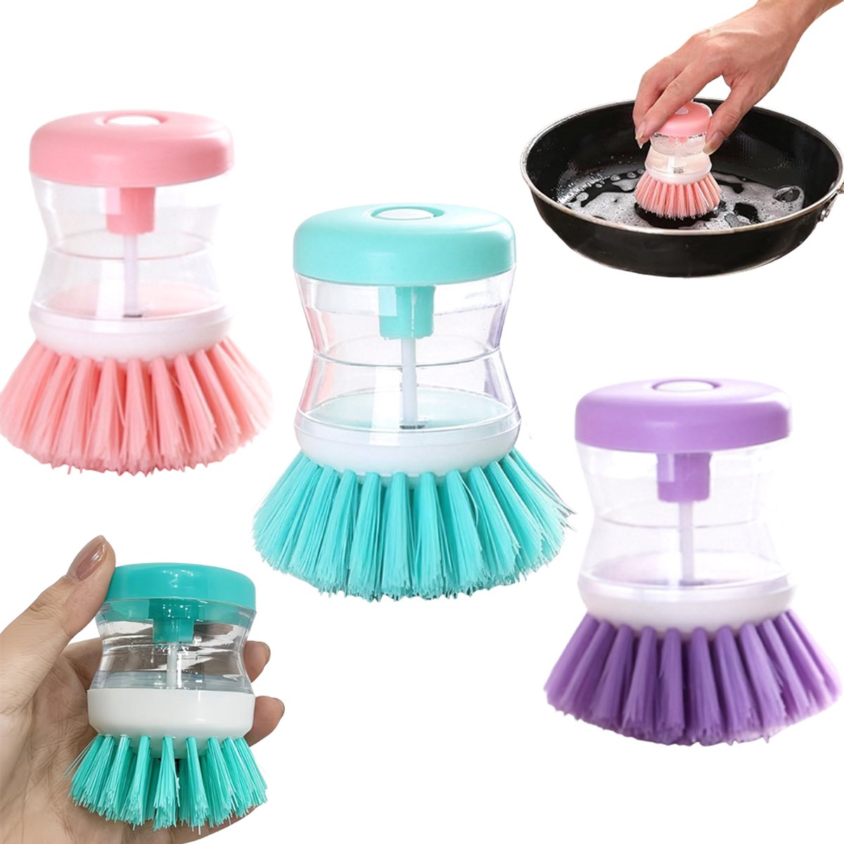 3 stuks - Zeepdispenser afwasborstel - Afwasborstel - Vloeistofgevulde afwasborstel - Vlekverwijderende en reinigingsborstel - 9 cm x 7 cm - Groen + Roze + Blauw - Voor het schrobben van vaat, kookgerei en gootstenen
