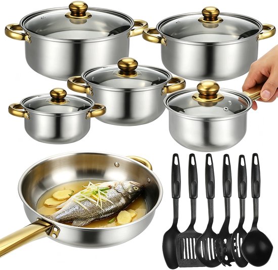 6-delige Roestvrijstalen Pannenset – Inductiegeschikt, Vaatwasserbestendig – Incl. Steelpan, Sauspan, Koekenpan & Soeppan – Ergonomische Handgrepen – Voor Keuken, Thuis & Professioneel Gebruik