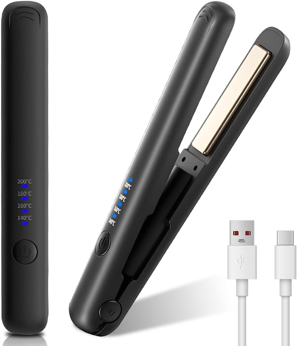 Mini stijltang draadloos, 2-in-1 reisstijltang Mini met 4 temperaturen stijltang krullen en gladstrijken met LCD-display Draagbare reisstijltang met USB-C opladen, 30s snel opladen （zwart）