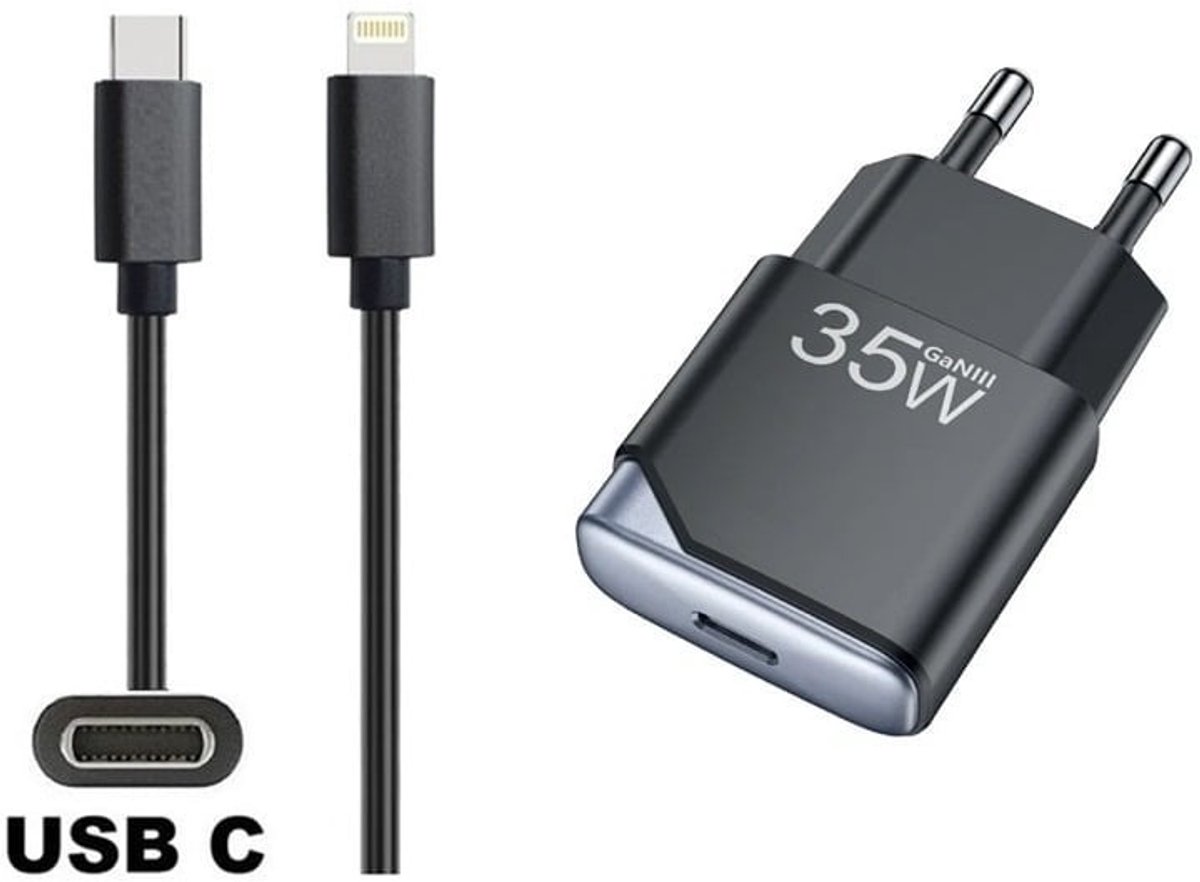 OneOne 35W super snellader en screenprotector van glas voor iPhone 12 + 2,0m sterke USB C naar Lightning kabel. GaN lader. PD PPS oplader adapter. Glazen screenprotector past op Apple iPhone 12