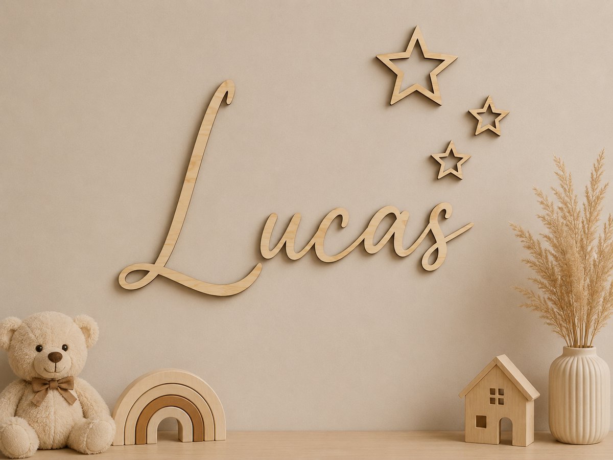 Gepersonaliseerde Houten Naamdecoratie met Sterren – 50 x 25 cm – Wanddecoratie Babykamer & Kinderkamer – 5 mm Hout – Uniek Kraamcadeau