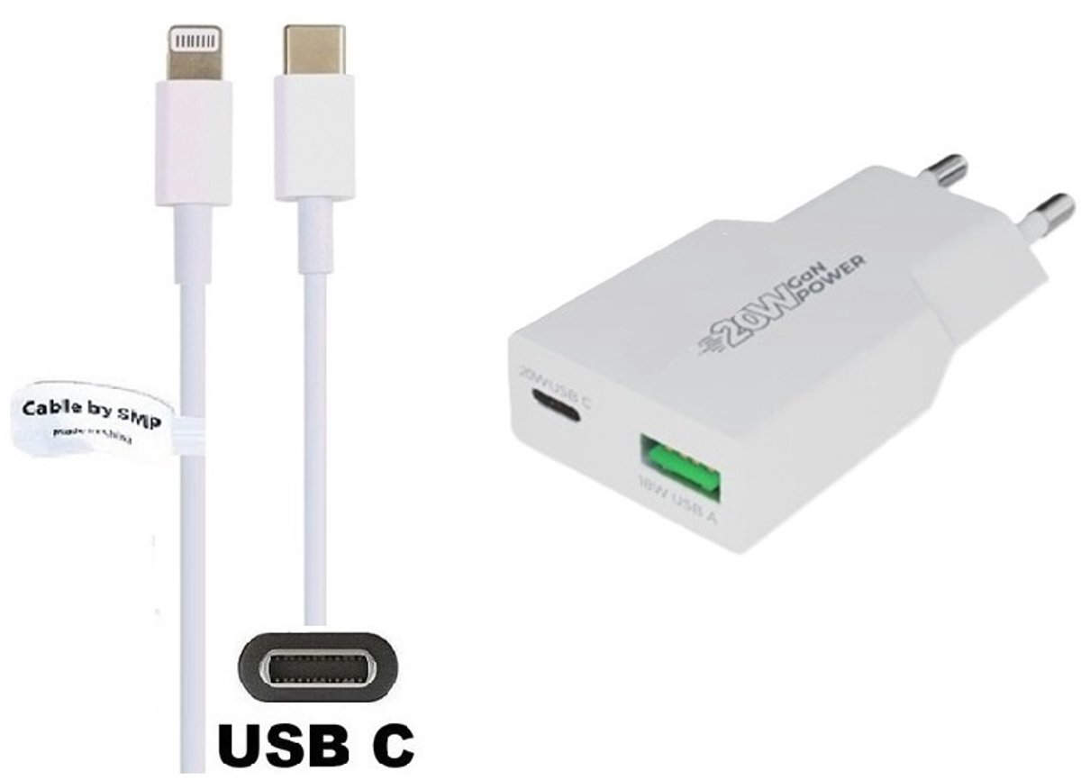 OneOne 20W snellader met 2 poorten en screenprotector van glas voor iPhone 13 Pro Max en iPhone 14 Plus + 0,95m USB C naar Lightning kabel. PD PPS lader. GaN oplader adapter. Glazen screenprotector past op Apple iPhone 13 Pro Max & iPhone 14 Plus