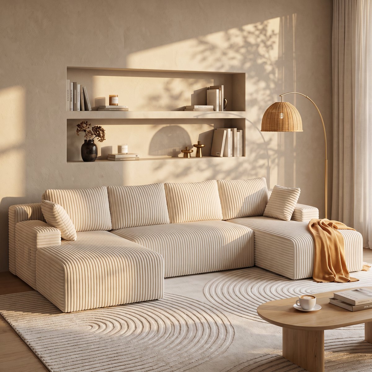 Bealife AR45 U-Bank - Modulaire Bank - Corduroy - Vrij Opstelbaar - Zijvak - Crème