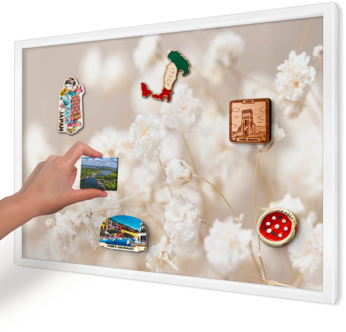 Artprintcave Beige Magneetbord mit Witte Lijst - 60x40 cm - Beige Bloemen Magnetische Organizer - Minimalist Bord Voor Magneten - Bloemen En Planten