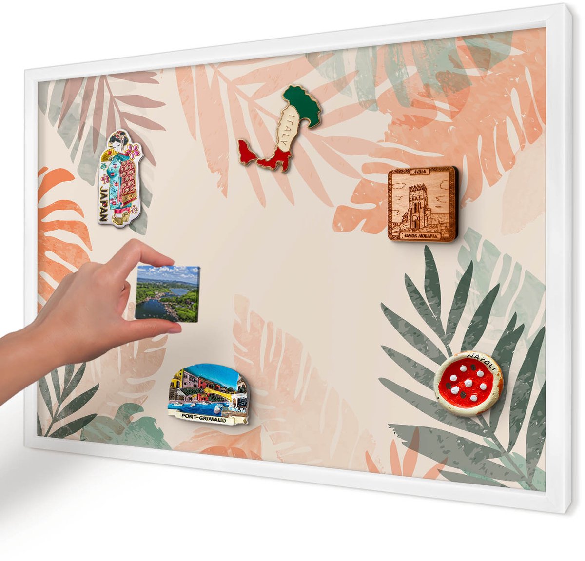 Artprintcave Beige Magneetbord mit Witte Lijst - 60x40 cm - Tropische Bladeren Memobord Keuken - Modern Bord Voor Magneten - Bloemen En Planten