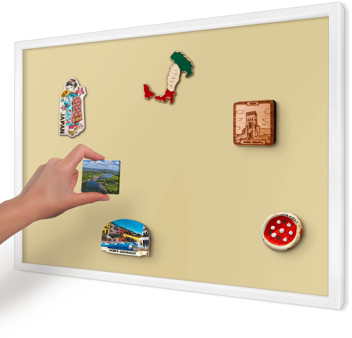 Artprintcave Beige Magneetbord mit Witte Lijst - 60x40 cm - Beige-Geel Magneetbord Voor Keuken - Minimalist Magneetbord Voor Foto's - Achtergronden En Patronen