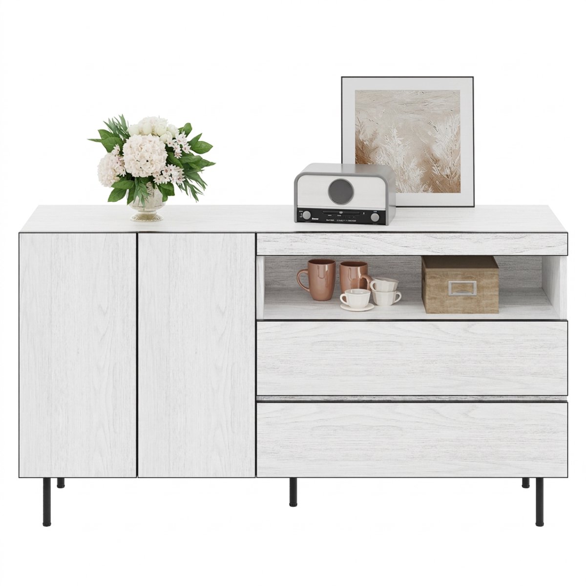 Modern Minimalistisch Sideboard – 2 Deuren, 2 Lades, Open Planken, Opbergkast
