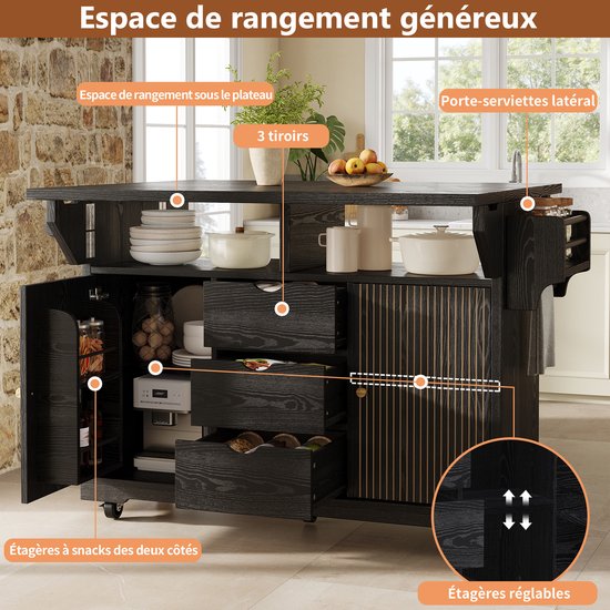 FloraGrace Keukenwagen - Uitklapbare Zijbladen En 3 Lades - Mobiele Keukenoplossing Voor Keuken En Eetkamer - MDF En Metaal - Zwart - 142,5 Cm — afbeelding 4
