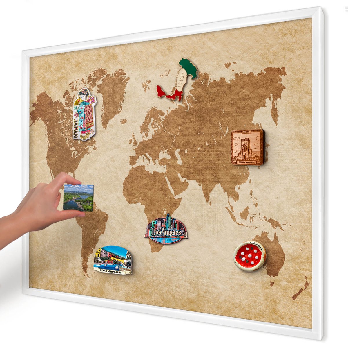 Artprintcave Beige Magneetbord mit Witte Lijst - 80x60 cm - Vintage Kaart Magnetische Organizer - Vintage Memobord Keuken - Kaarten