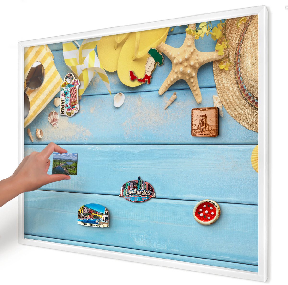 Artprintcave Blauw Magneetbord mit Witte Lijst - 80x60 cm - Strandsfeer Magneetbord Voor Foto's - Boho Notitiebord - Reis