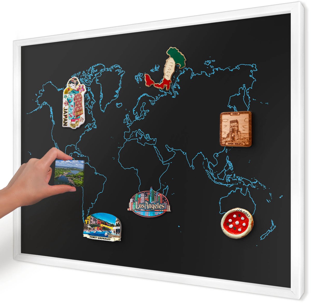 Artprintcave Zwart Magneetbord mit Witte Lijst - 70x50 cm - Wereldkaart Magneet Bord mit Frame - Minimalist Magnetisch Bord Voor Magneten - Kaarten