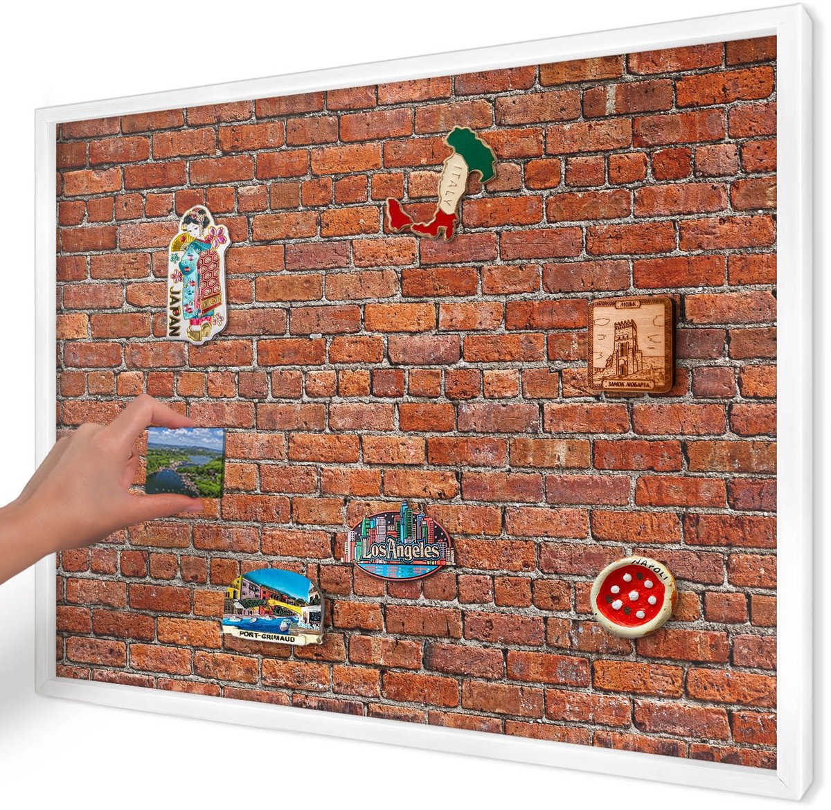Artprintcave Bruin Magneetbord mit Witte Lijst - 70x50 cm - Baksteenmotief Magnetisch Bord Voor Magneten - Industrieel/Loft Magneetbord Voor Keuken - Texturen