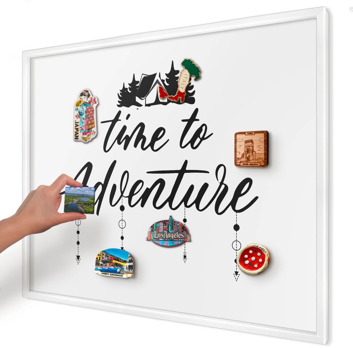 Artprintcave Wit Magneetbord mit Witte Lijst - 80x60 cm - Avontuur Wacht. Magneetbord Voor Keuken - Minimalist Magnetische Organizer - Teksten