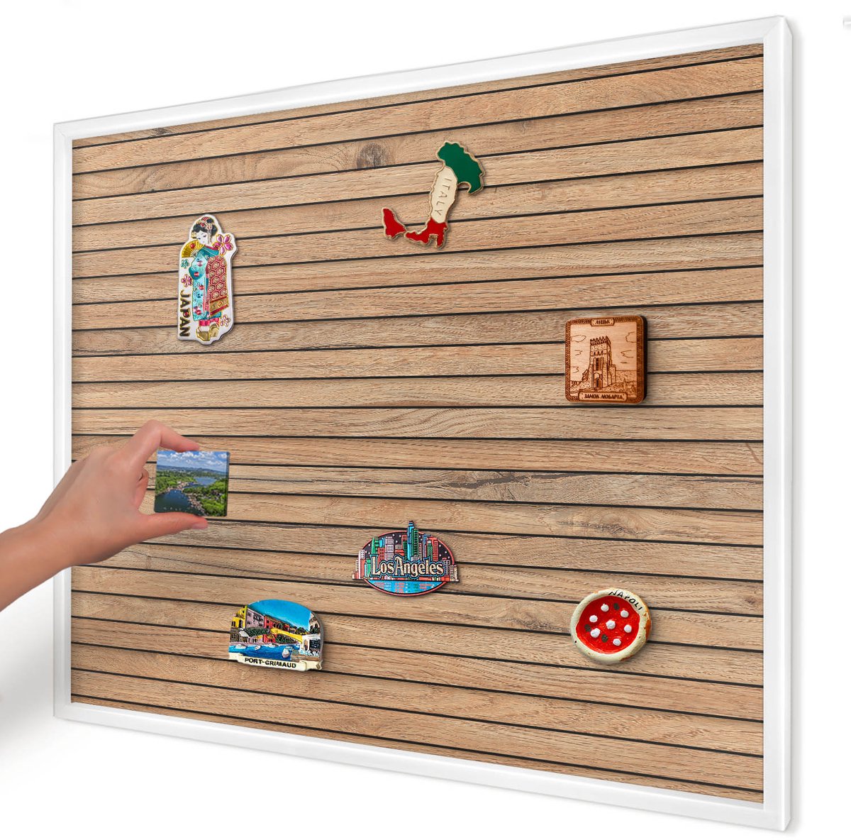 Artprintcave Bruin Magneetbord mit Witte Lijst - 80x60 cm - Houten Planken Magnetisch Bord - Rustiek Memobord Keuken - Texturen