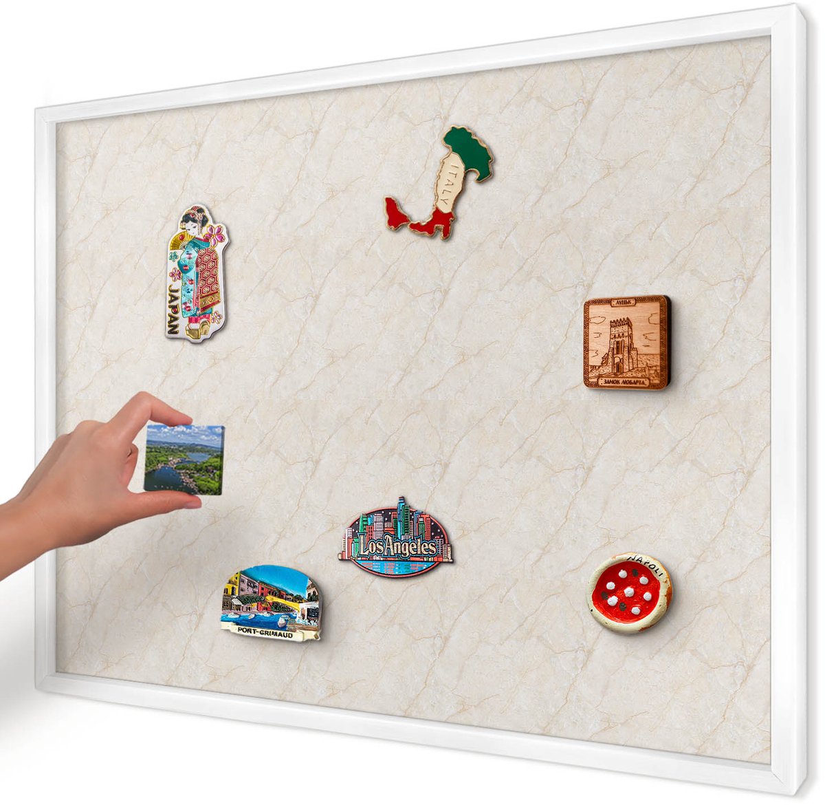 Artprintcave Beige Magneetbord mit Witte Lijst - 70x50 cm - Marmeren Elegantie Magneetbord Voor Foto's - Minimalist Memobord Keuken - Texturen