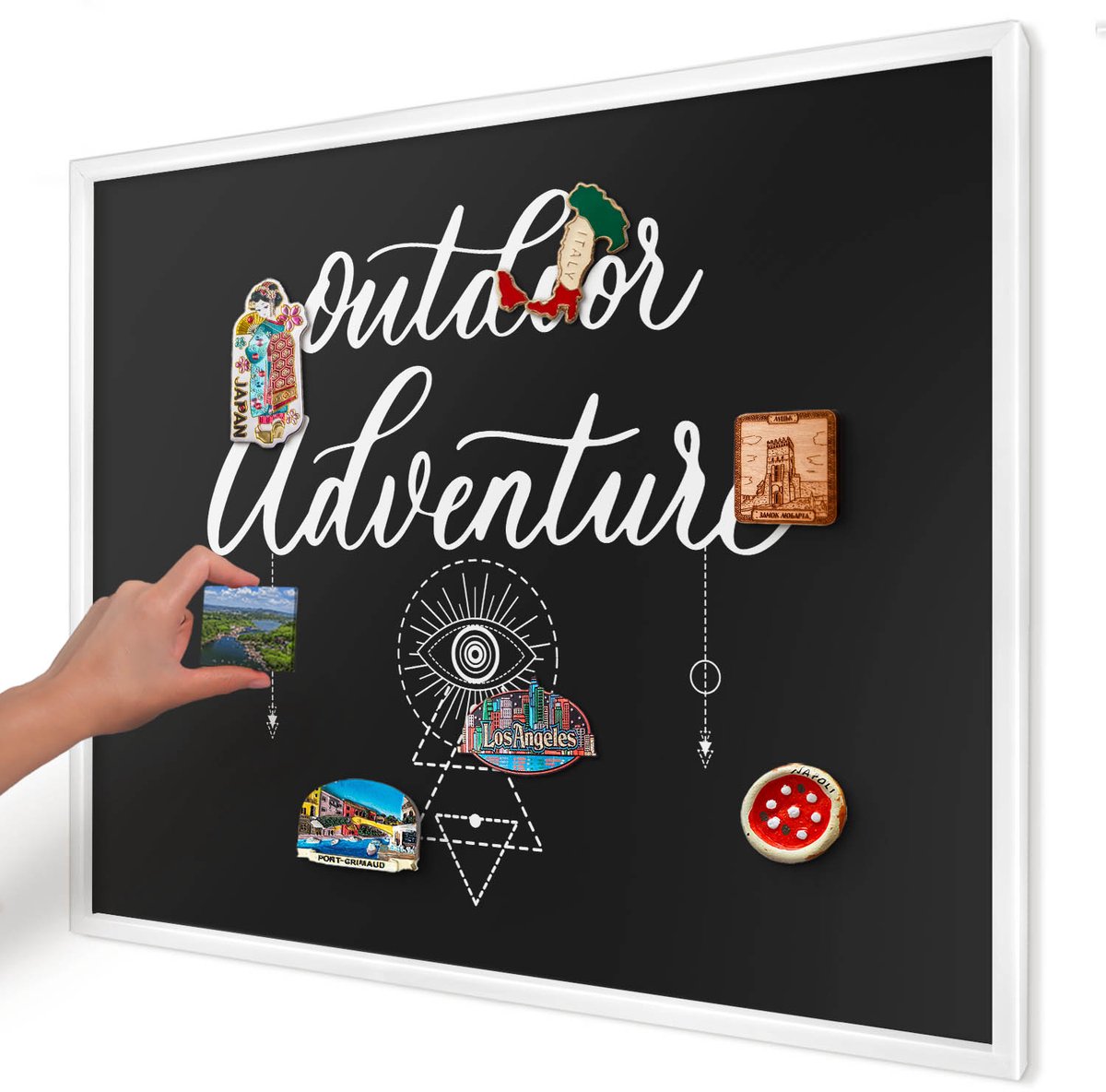 Artprintcave Zwart Magneetbord mit Witte Lijst - 80x60 cm - Buitenavontuur Magnetisch Bord - Typografisch Magneet Bord mit Frame - Teksten