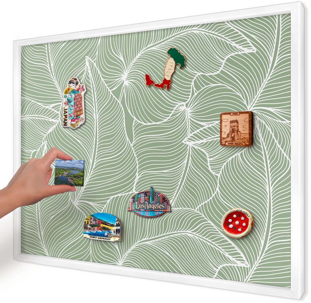 Artprintcave Groente Magneetbord mit Witte Lijst - 70x50 cm - Tropische Bladeren Magnetisch Bord - Minimalist Magneet Bord mit Frame - Bloemen En Planten