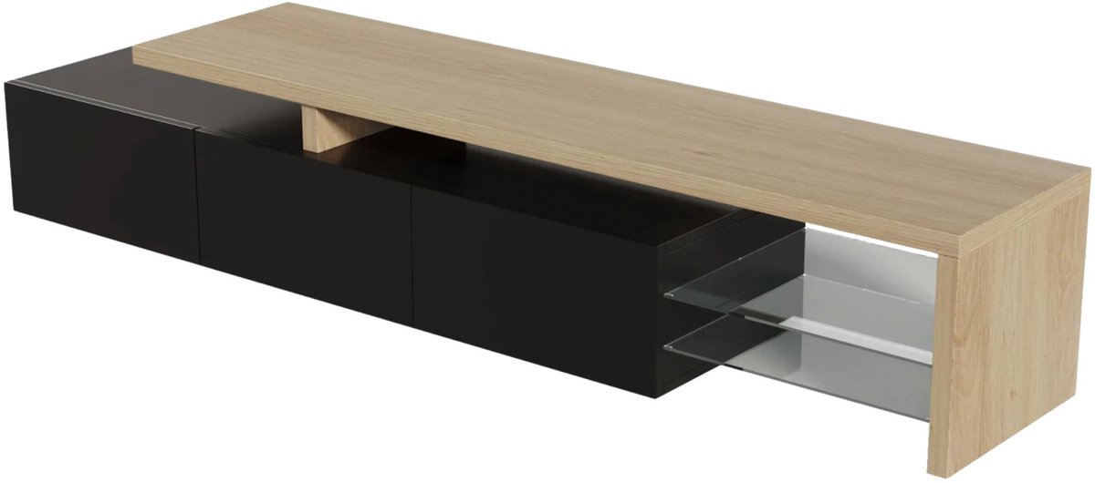Happiq TV Meubel 200x39x42cm – Modern TV Dressoir met LED Verlichting en Glazen Planken Houtkleur