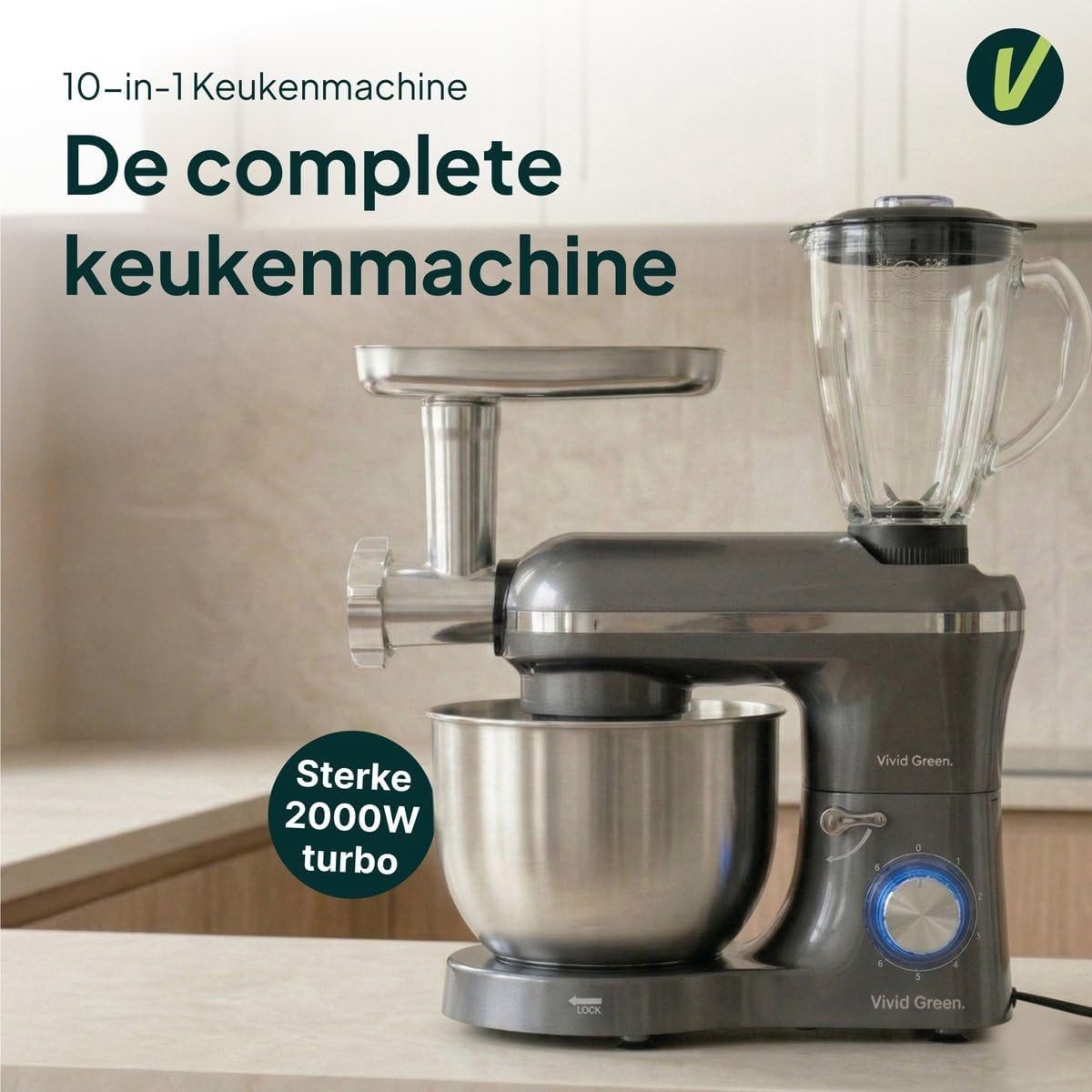 Keukenmachine Robotcuisière - Kunststof Grijs - 6.2L Mengkom - 2000W - Voor Gezinsmaaltijden