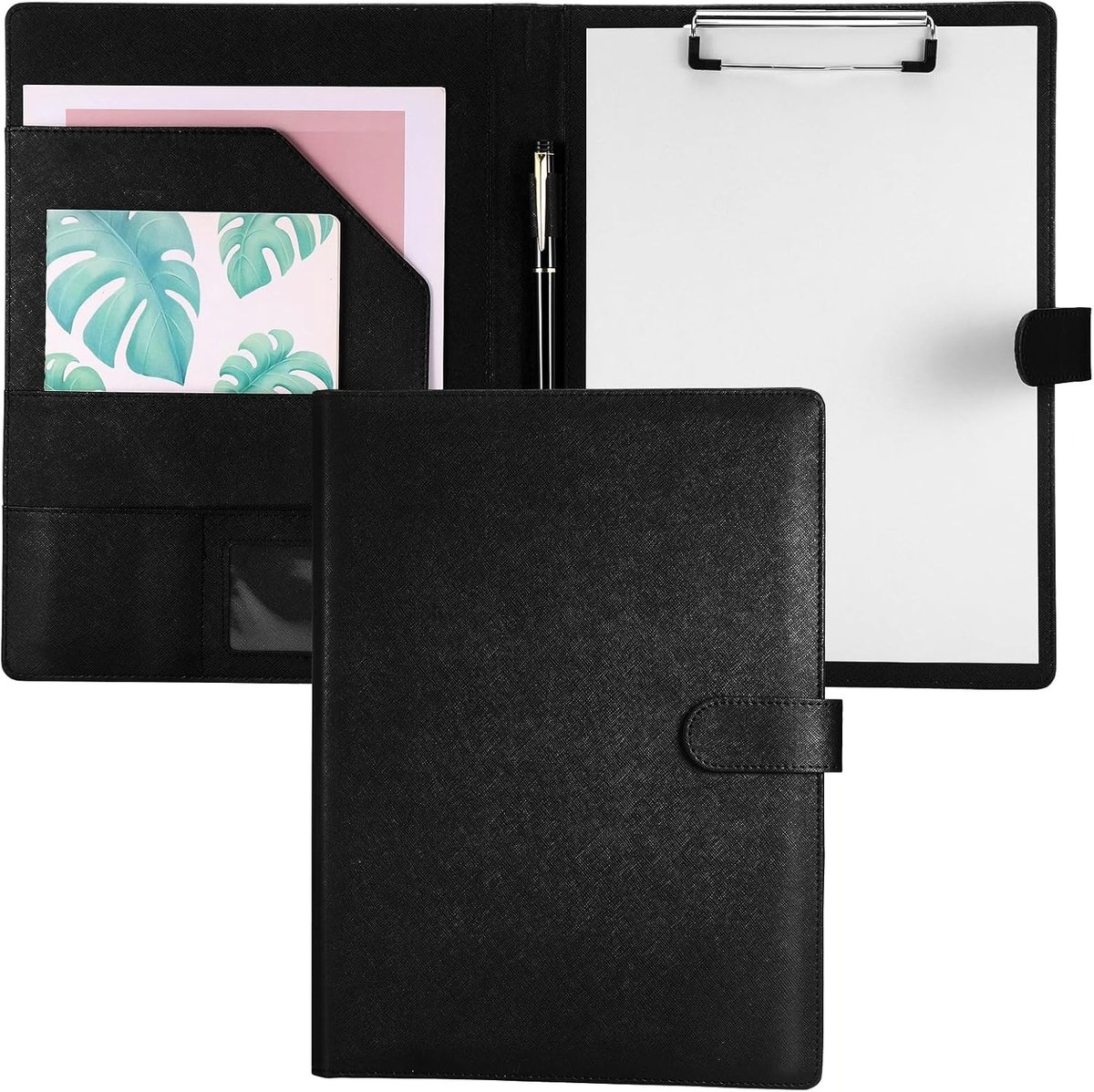 Professionele A4 Portfolio Folder met Magnetische Sluiting - Clipboard in Zwart met Documentenopslag, Pennenhouder en Schrijffolder voor Zakelijk Gebruik