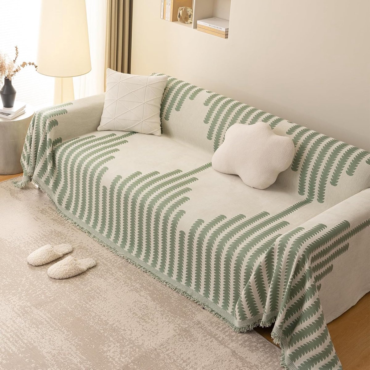 Sofakleed 180x300cm - Chenille Groene Deken met Franje - Jacquard Patroon - Ideaal voor Comfortabele Momenten - ShopVlot