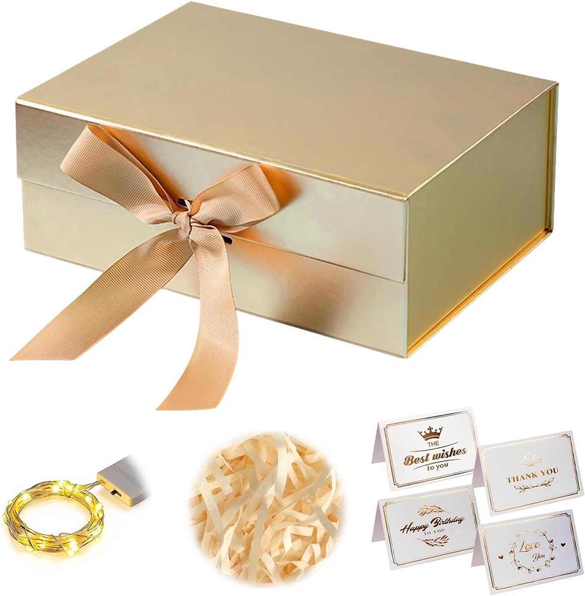 SnelShoppen - Luxe Geschenkdozen met Deksel, Goud, 22 x 16 x 8,5 cm, Magneetsluiting en Cadeaulint voor Bruiloften, Verjaardagen, Jubilea, Feesten en