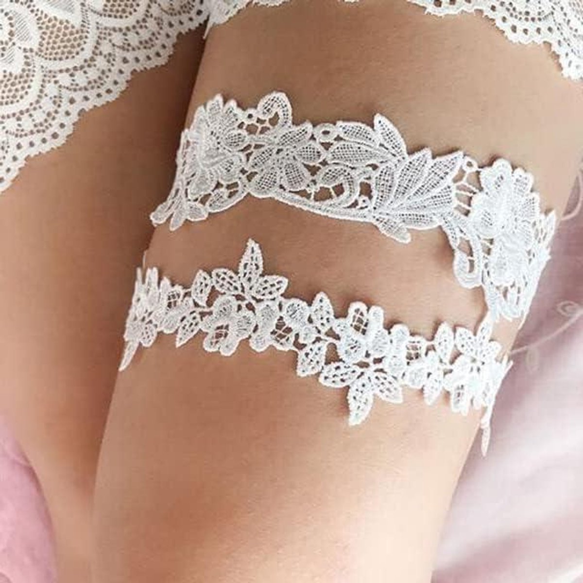 Bruiloft Kousenband - Bruids Kousenband - Bruiloft Accessoire - Elastisch Kant Ontwerp - 1 Stuk - Wit