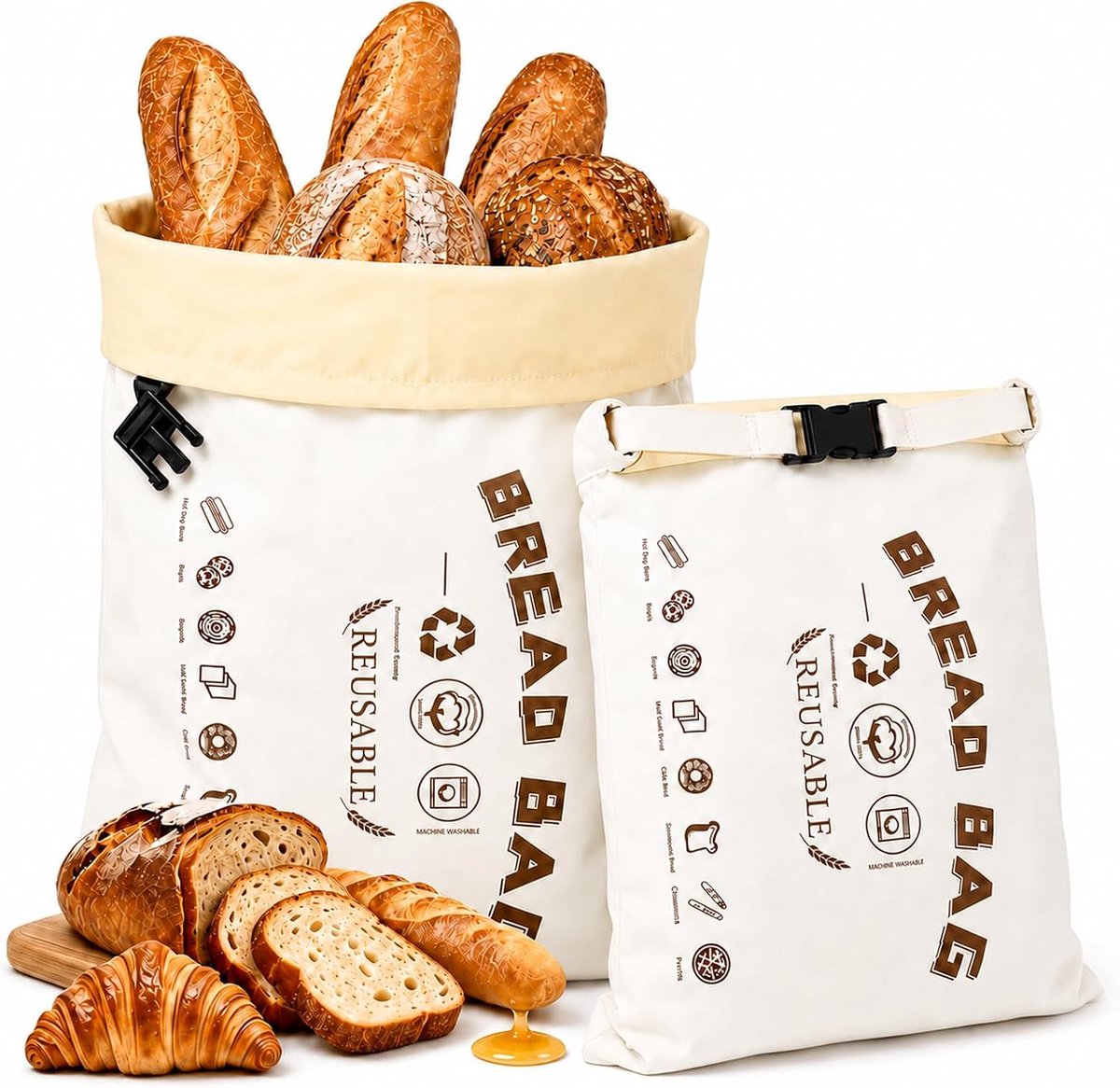 Bobypet - Katoenen Broodzak met Bijenwas - 2 Stuks - Herbruikbare Vershoudzak voor Zuurdesem Brood XL 43x33 cm - Wit